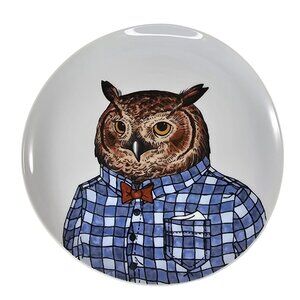 West Elm Rachel Kozlowski Plate With Owl In Plaid Shirt & Bow Tie Design